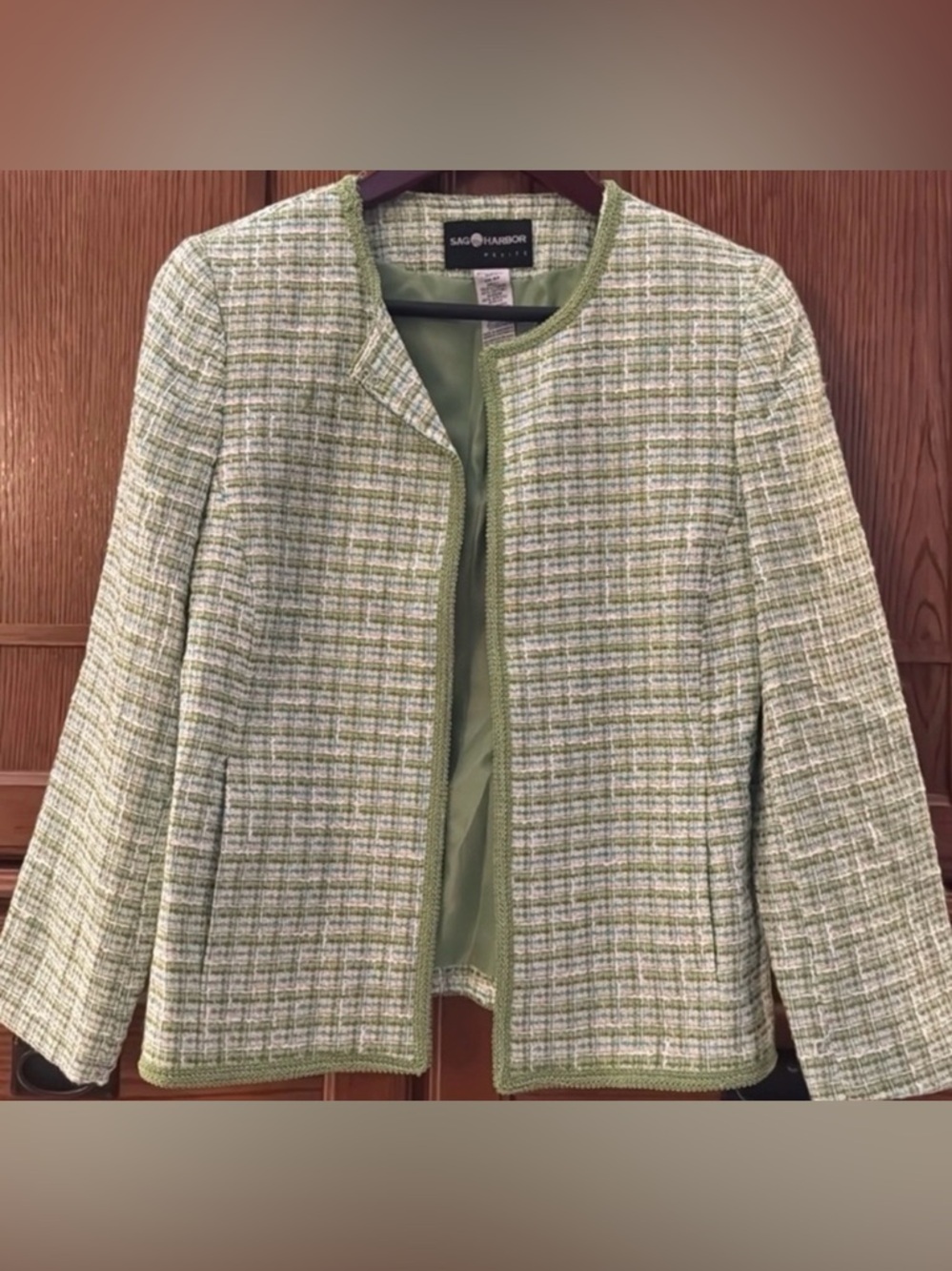 Sag Harbor Petite Tweed Lined Blazer Jacket Lace Trim Round Neck Fall Layer